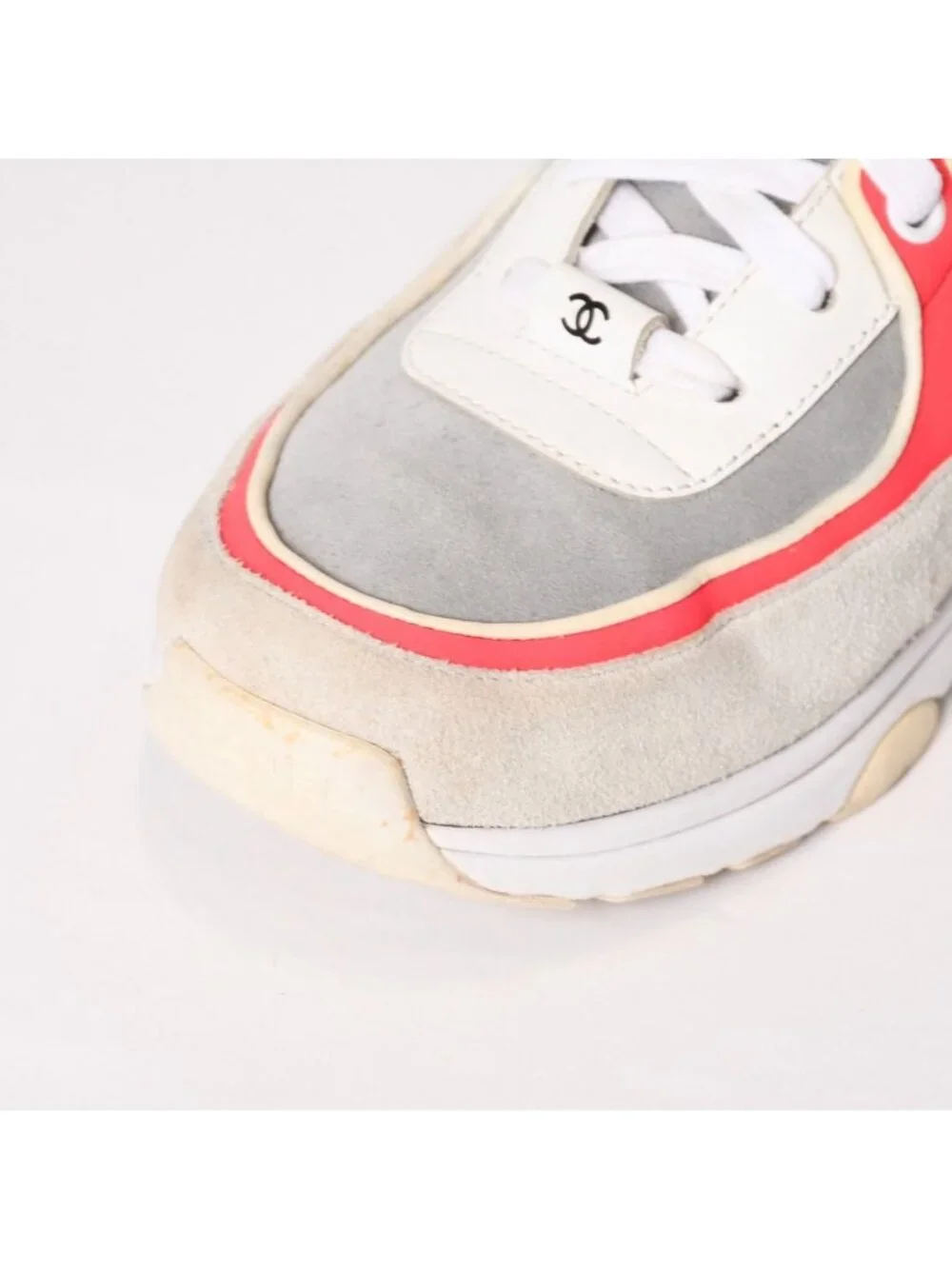 Chanel CC Logo Suede Sneakers White Gray